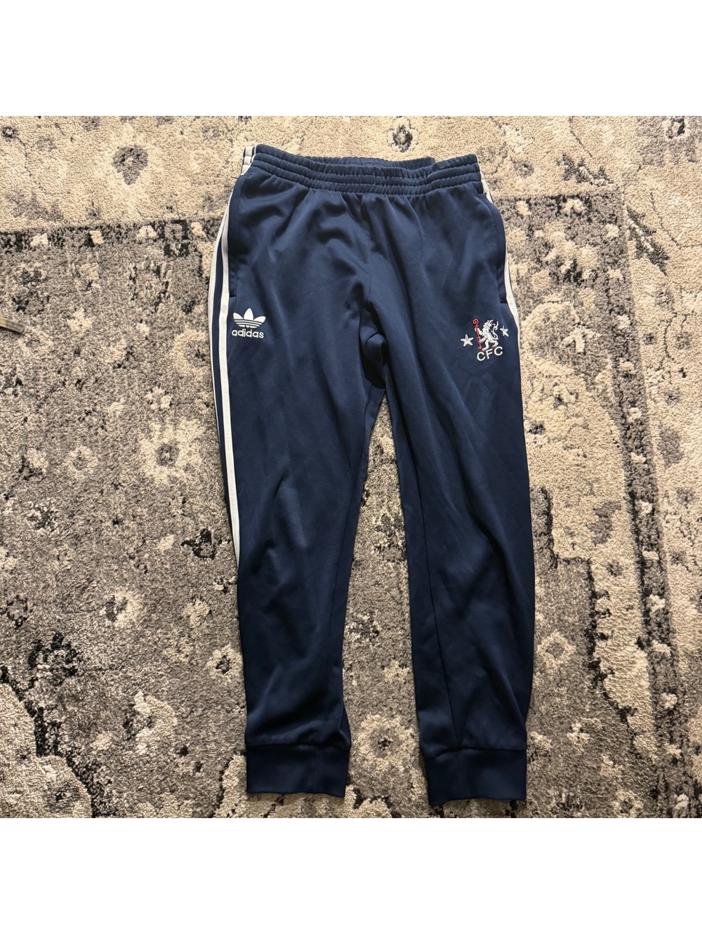 Adidas Chelsea FC Navy Blue Track Pants with White Stripes,